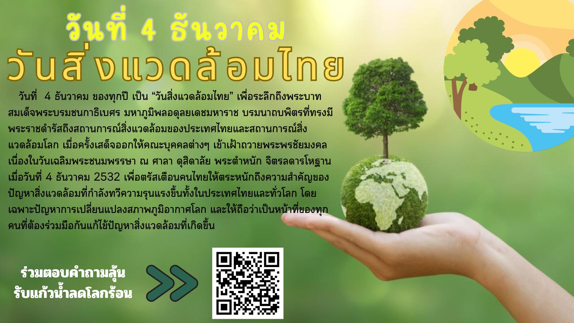 สำนักวิทยบริการฯ เชิญชวนอนุรักษ์ทรัพยากรธรรมชาติให้ยั่งยืน และร่วมกิจกรรมตอบคำถามชิงรางวัลแก้วน้ำลดโลกร้อน เนื่องใน 4 ธันวาคม "วันสิ่งแวดล้อมไทย"